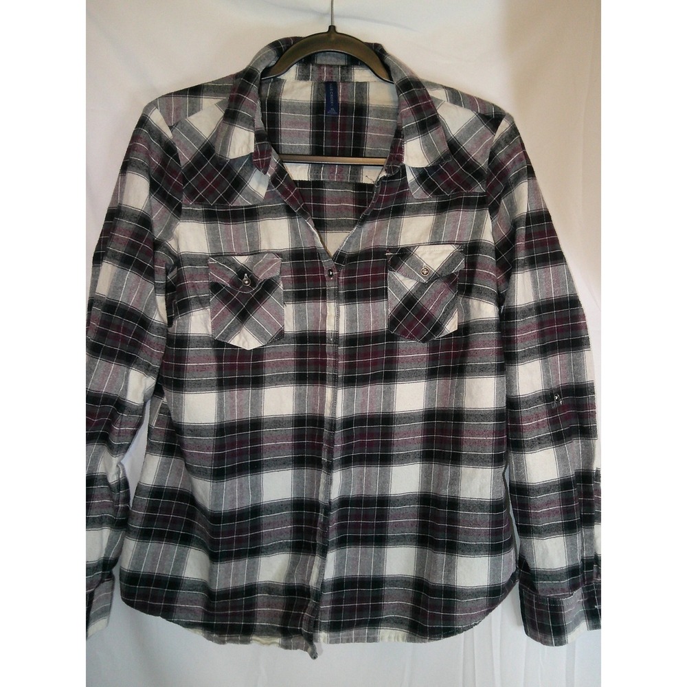 FALLS CREEK womens plaid flannel long sleeve purple black white ‎ shirt size XL